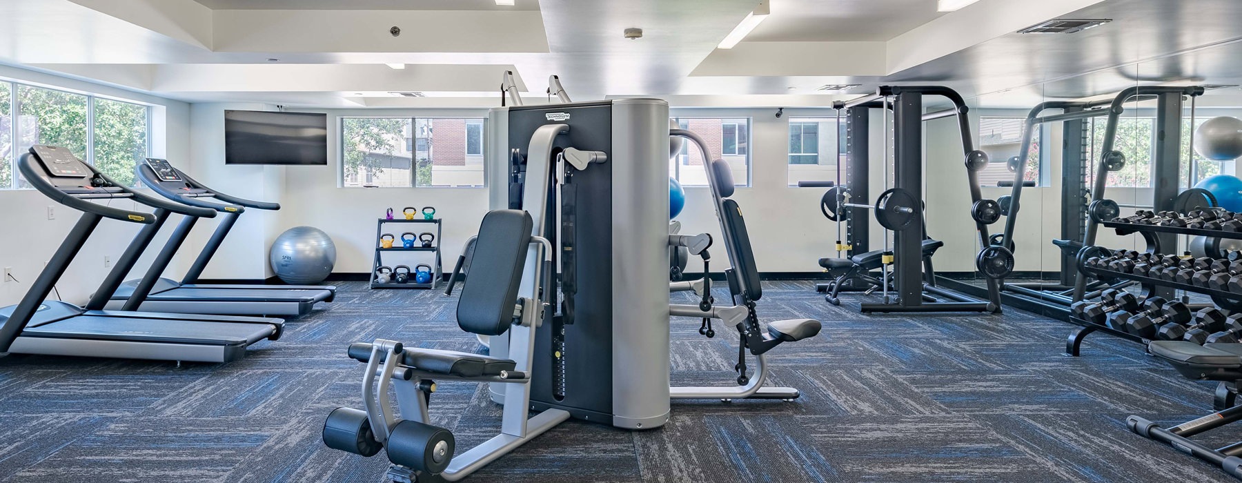 Fitness center with free weights, treadmills and ellipticals.